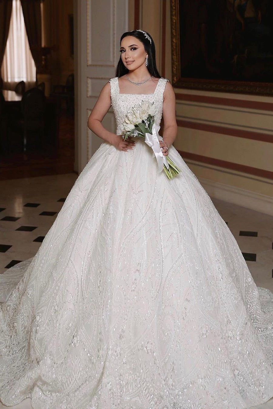 Lovely Long Ivory A-line Sleeveless Wedding Dress With Beaded Lace (ZD17476)