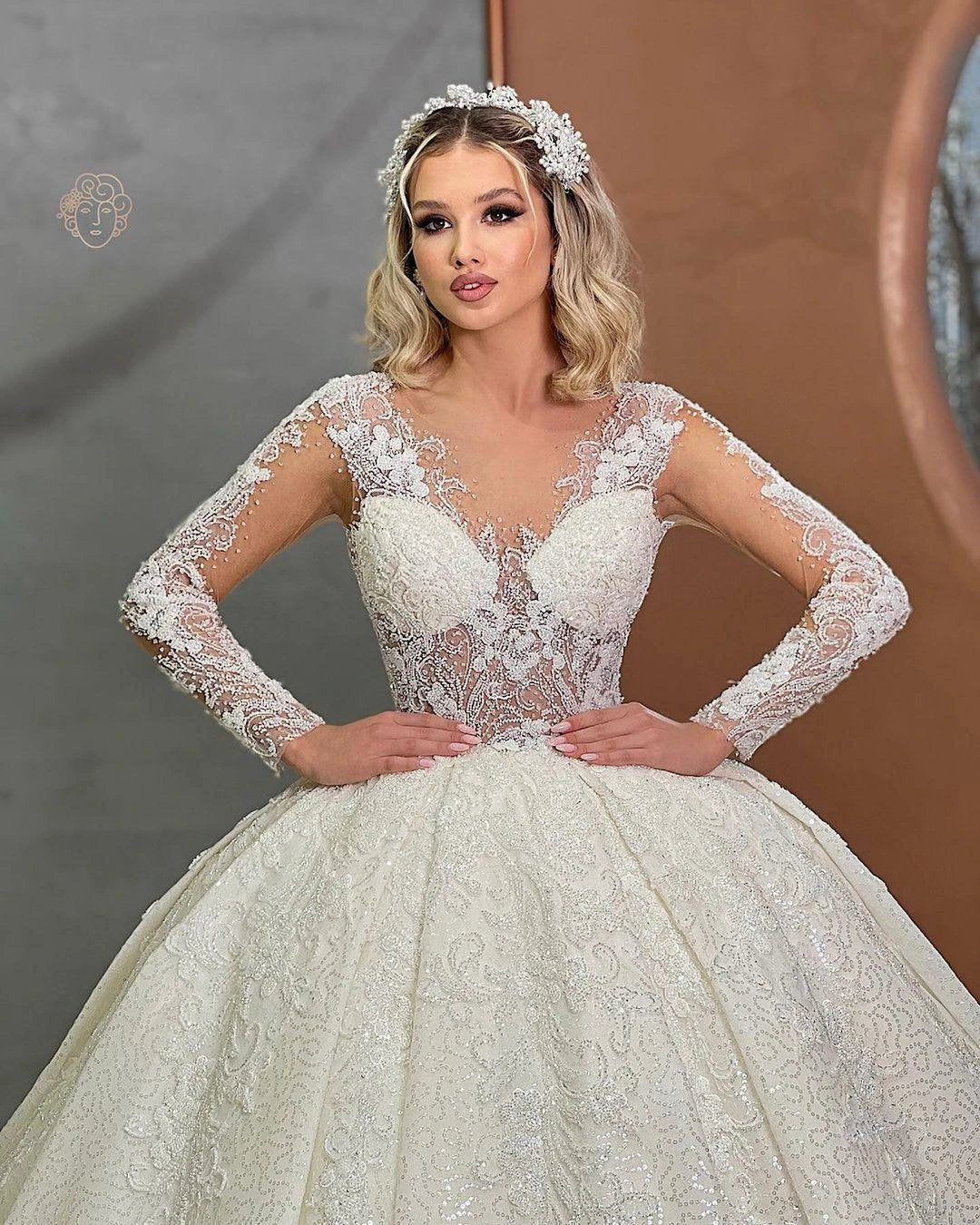 Beautiful Long Ivory Ball Gown Lace V-neck Wedding Dress (ZD14932) - View 2 | VelvetHem