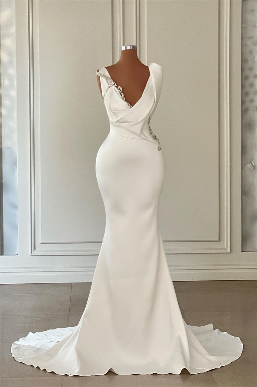 Beautiful Long Ivory Mermaid V-neck Satin Beaded Wedding Dress Sleeveless (ZD17482)