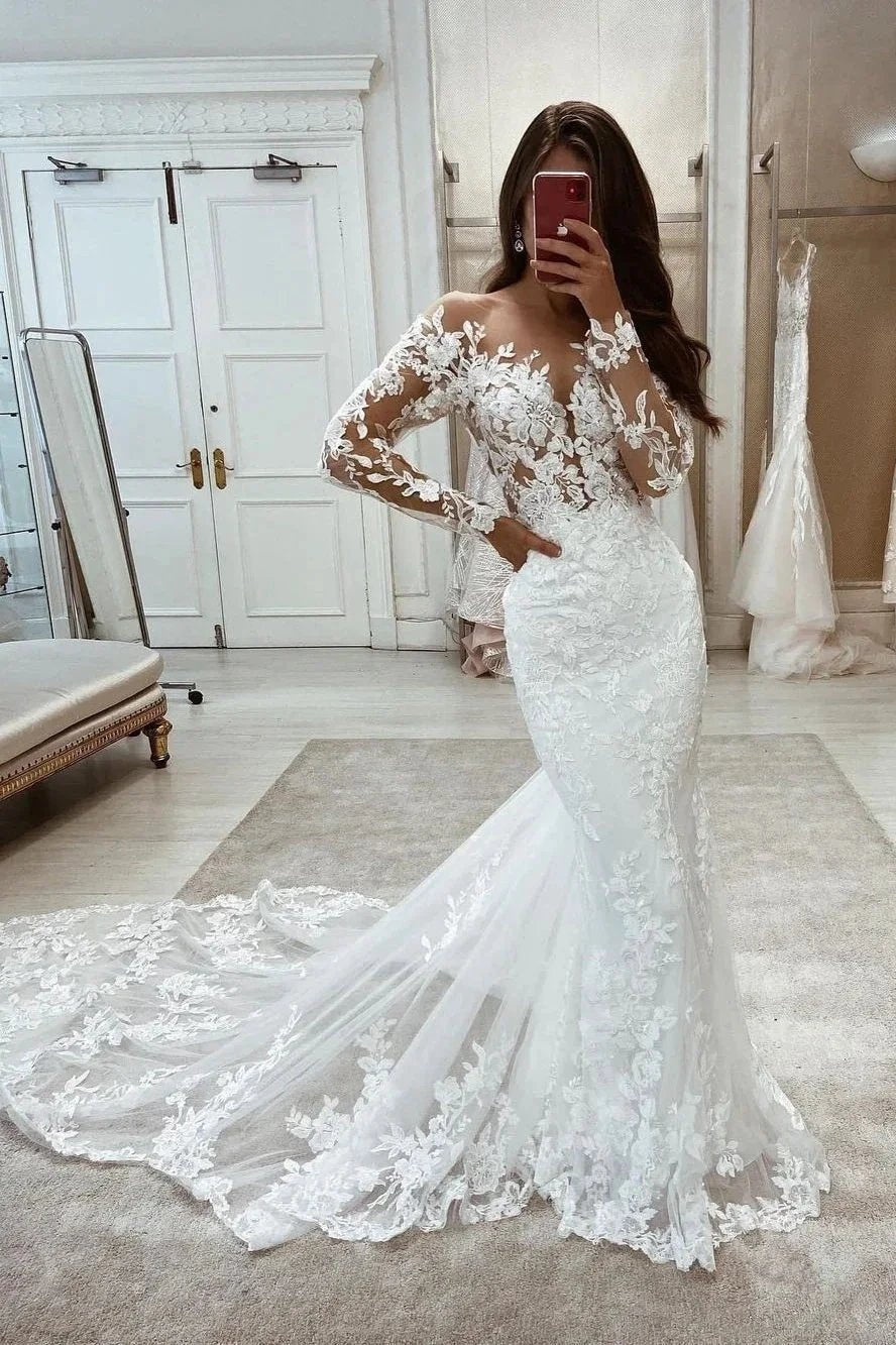 Beautiful Long Mermaid Long Sleeves Lace V-neck Wedding Dress (ZD16401)