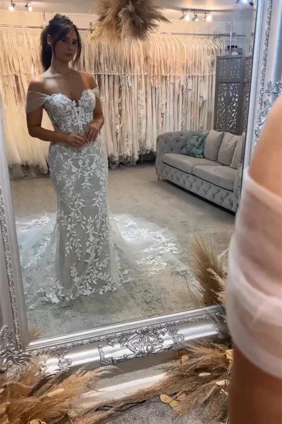 Beautiful Long Mermaid Off-the-shoulder Appliques Sleeveless Wedding Dress With Lace (ZD16442)