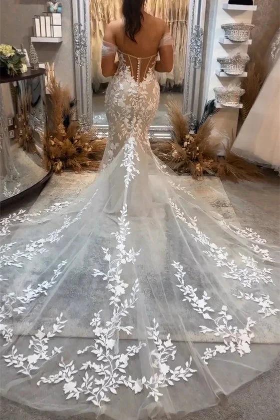Beautiful Long Mermaid Off-the-shoulder Appliques Sleeveless Wedding Dress With Lace (ZD16442)