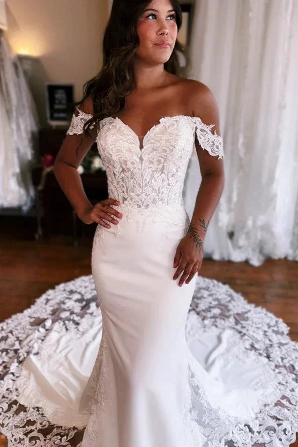 Beautiful Long Mermaid Off-the-shoulder Lace Satin Wedding Dress (ZD16476)