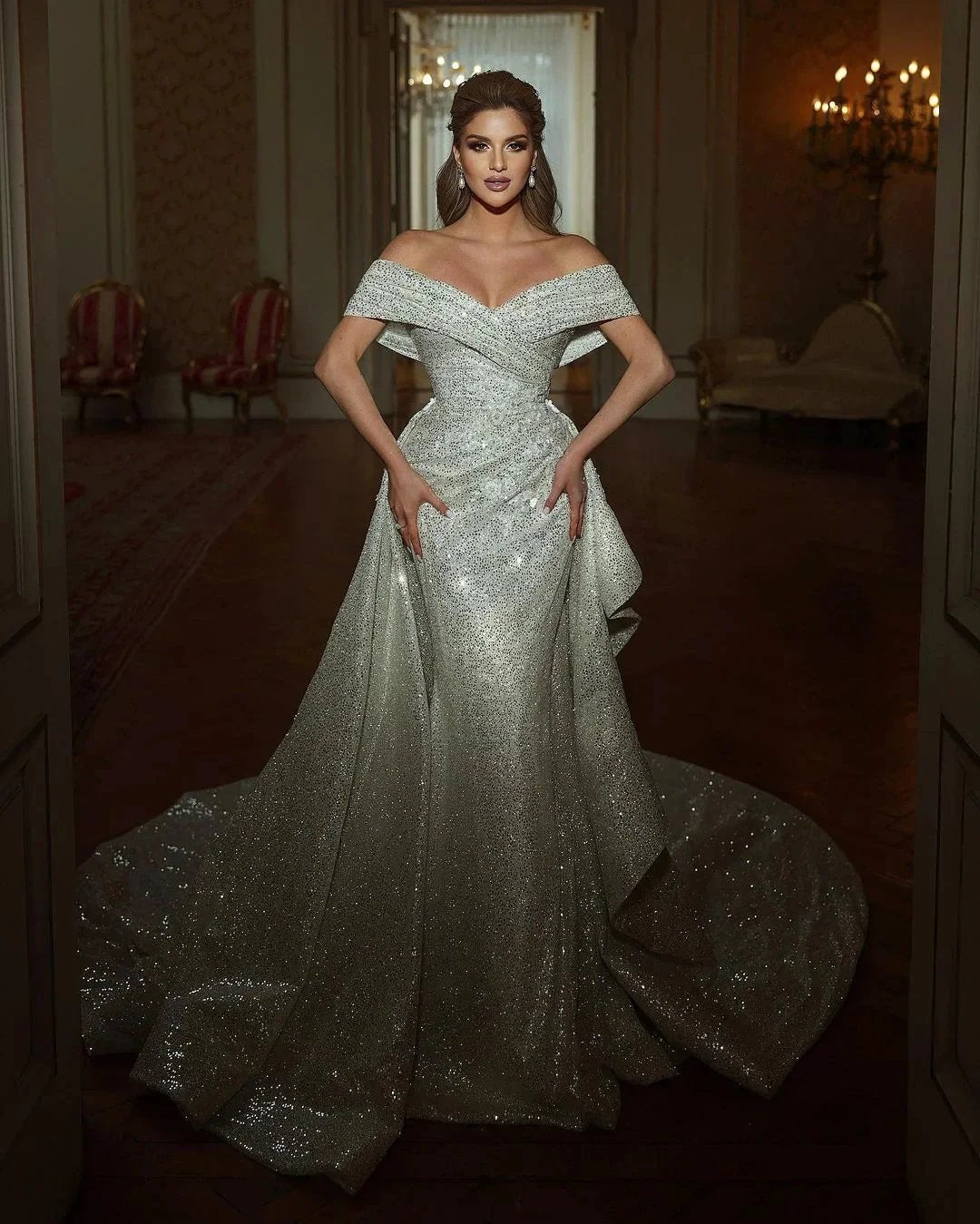 Beautiful Long Mermaid Off-the-shoulder Sequined Sleeveless Wedding Dress - View 3