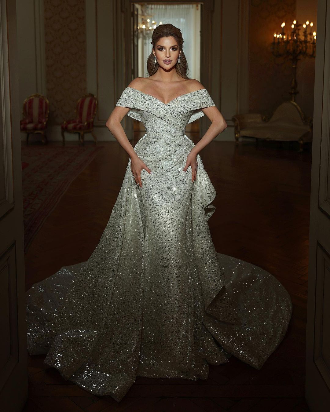 Beautiful Long Mermaid Off-The-Shoulder Sequined Sleeveless Wedding Dress (ZD17416)