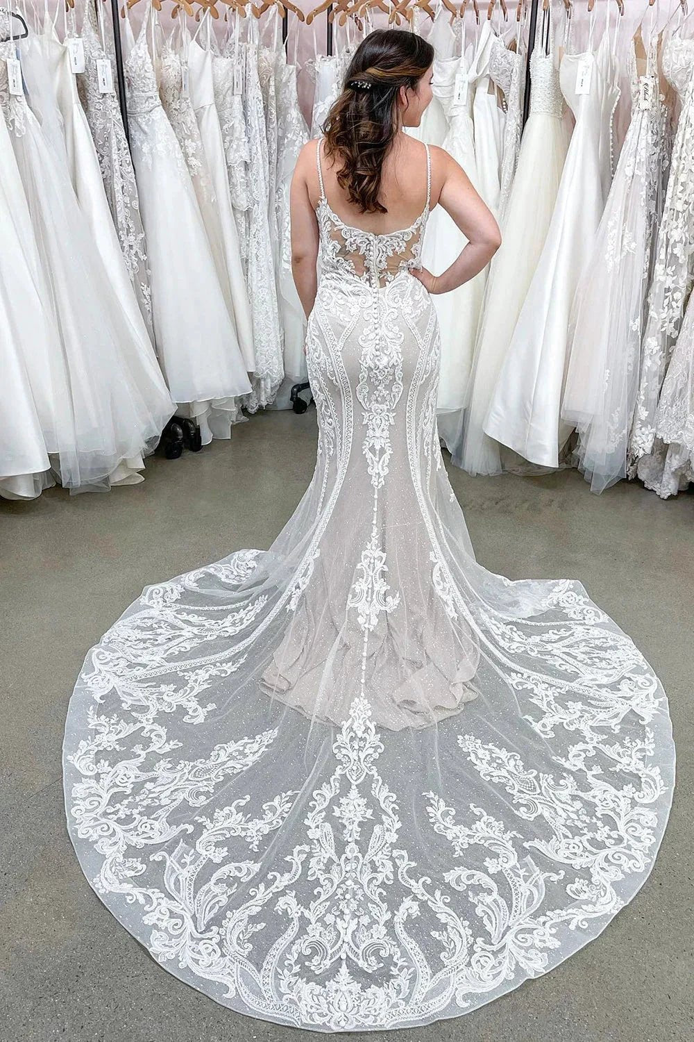 Beautiful Long Mermaid Spaghetti Straps Backless Appliques Lace Wedding Dress (ZD14300)