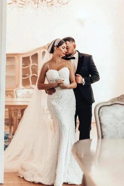 Beautiful Long Mermaid Spaghetti Straps Lace Sleeveless Wedding Dress (ZD16630)
