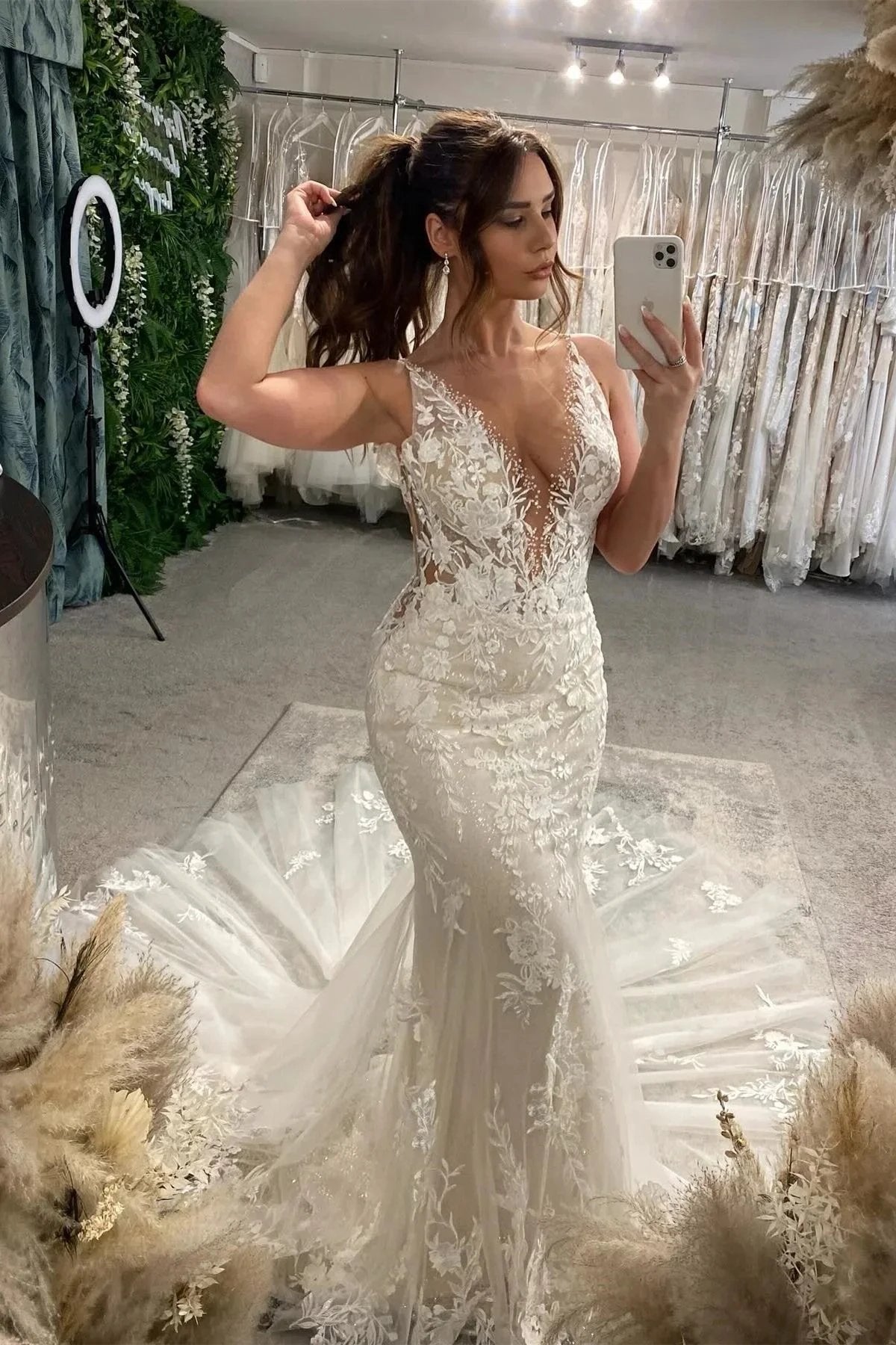 Beautiful Long Mermaid Spaghetti Straps V-neck White Wedding Dresses With Lace (ZD15628) - VelvetHem