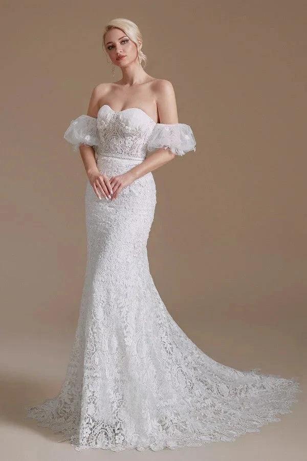 Beautiful Long Mermaid Sweetheart Lace Wedding Dresses with Detachable Sleeves (ZD14351)