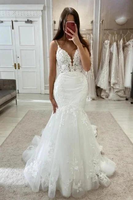 Beautiful Long Mermaid V-neck Spaghetti Straps Wedding Dresses with Lace (ZD15631)