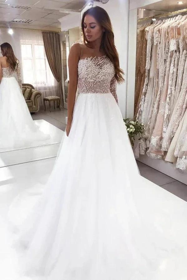 Beautiful Long Sleeve A-Line Bateau Pearl Lace Wedding Dress (ZD15121)