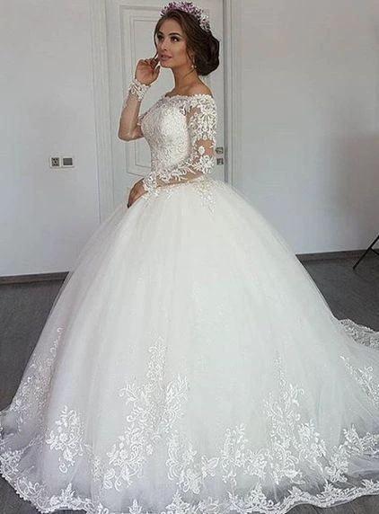 Beautiful Long Sleeve Off the Shoulder Appliques Lace Princess Wedding Dress (ZD14326)