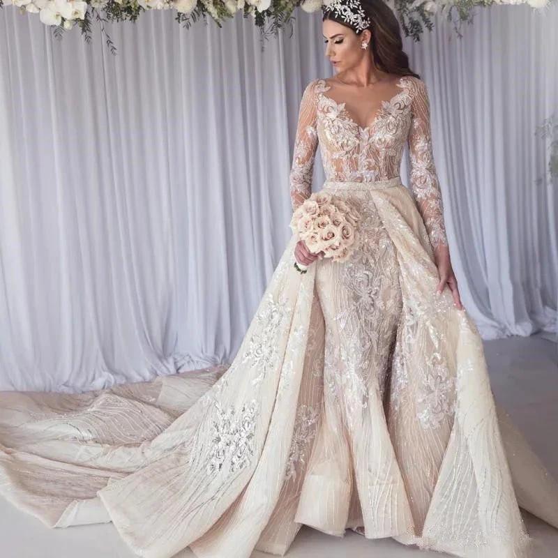Beautiful Long Sleeves Lace Mermaid Overskirt Wedding Dress Bridal Wears (ZD13808)