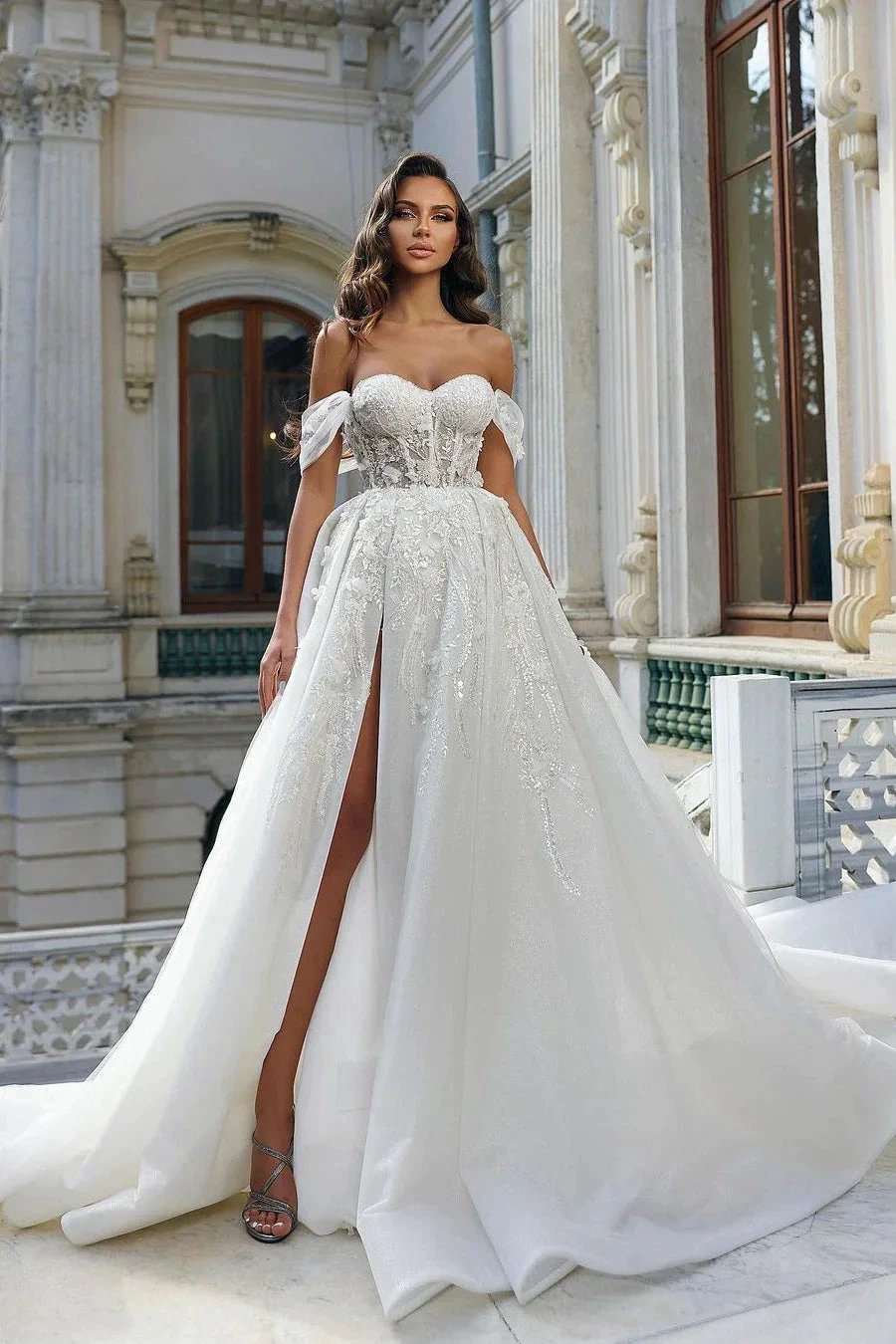 Beautiful Long White A-line Off-the-shoulder Lace Flowers Wedding Dress With Slit (ZD16496)