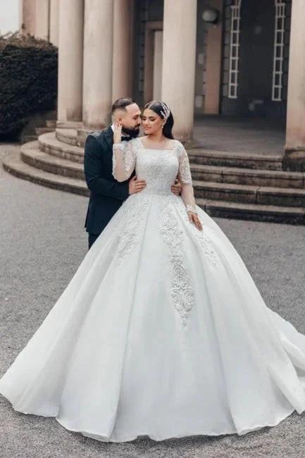 Beautiful Long White A-line Square Neck Lace Wedding Dress with Long Sleeves (ZD15550) - VelvetHem