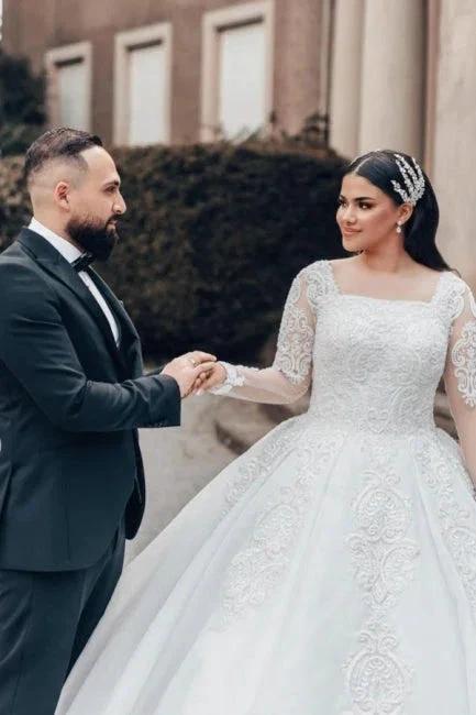 Beautiful Long White A-line Square Neck Lace Wedding Dress with Long Sleeves (ZD15550) - View 2 | VelvetHem
