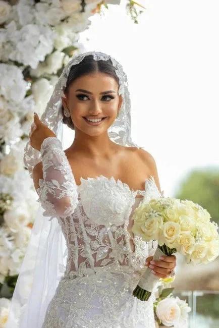 Beautiful Long White Mermaid Off-the-shoulder Lace Glitter Wedding Dress with Long Sleeves (ZD16646)