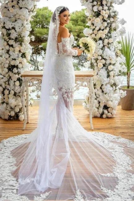 Beautiful Long White Mermaid Off-the-shoulder Lace Glitter Wedding Dress with Long Sleeves (ZD16646)