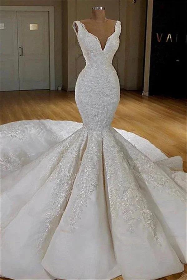 Beautiful Mermaid Lace Wedding Dress On Sale Straps Gorgeous Bridal Wears with Long Train (ZD13889)