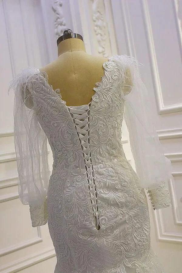 Beautiful Mermaid Long Sleeves Lace Appliques Wedding Dress With Train (ZD14547)