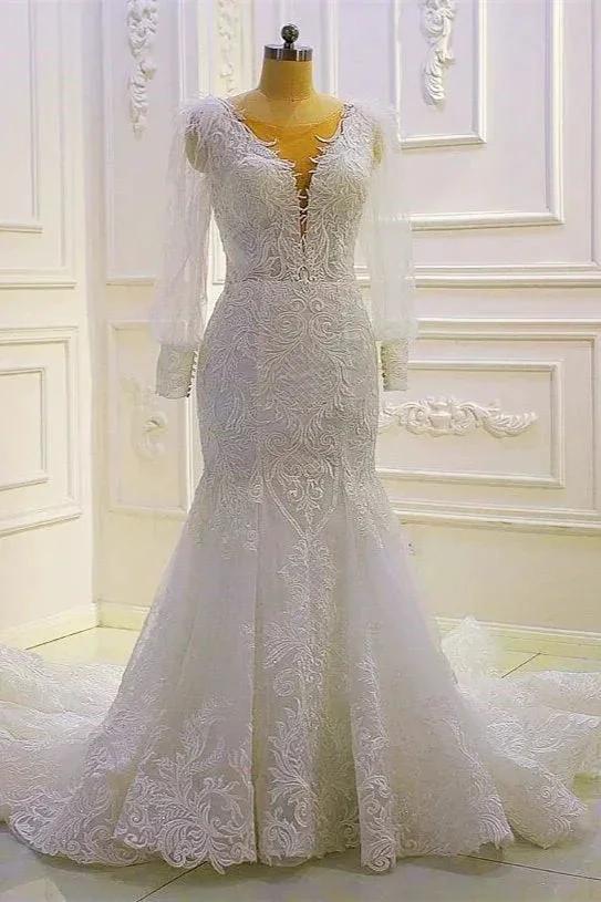 Beautiful Mermaid Long Sleeves Lace Appliques Wedding Dress With Train (ZD14547)