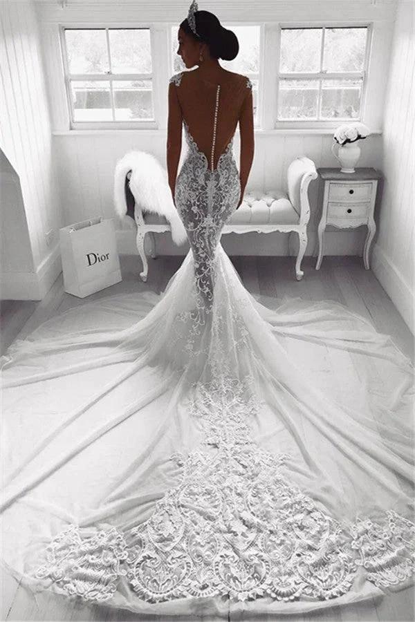 Beautiful Mermaid Straps Wedding Dress Sheer Tulle Sleeveless Appliques Bridal Wears (ZD16600)