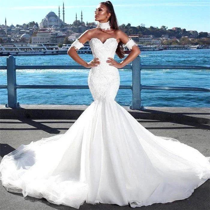 Beautiful Mermaid Sweetheart Beautiful Wedding Dress Lace Dresses for Weddings with Choker (ZD13856) - View 2 | VelvetHem