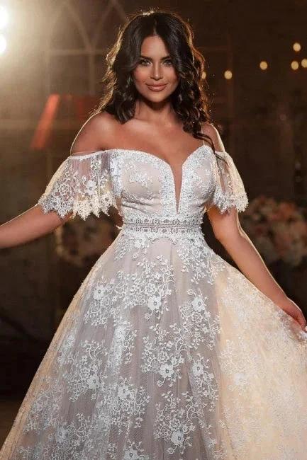 Beautiful Off-the-shoulder Short Sleeve A-Line Floor-Length Lace Wedding Dresses (ZD14671) - View 2 | VelvetHem
