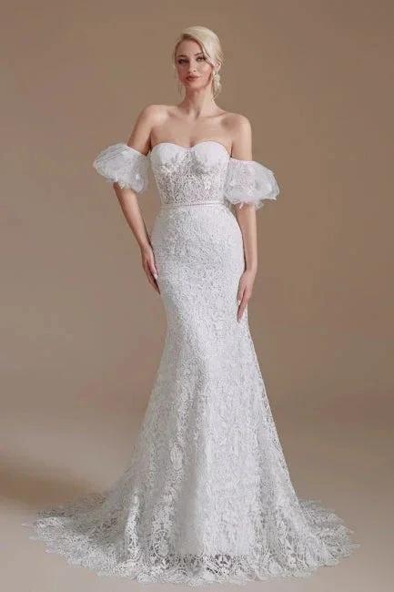 Beautiful Off-the-shoulder Sleeveless Mermaid Floor-Length Lace Wedding Dresses with Applique (ZD14660)