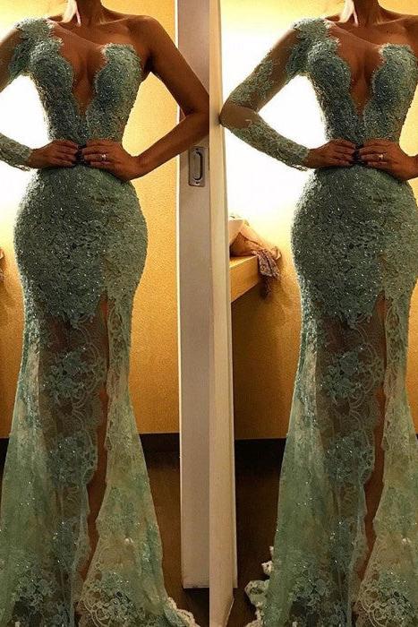 Beautiful One-Shoulder Mermaid Evening Dress Lace Long Prom Party Dress