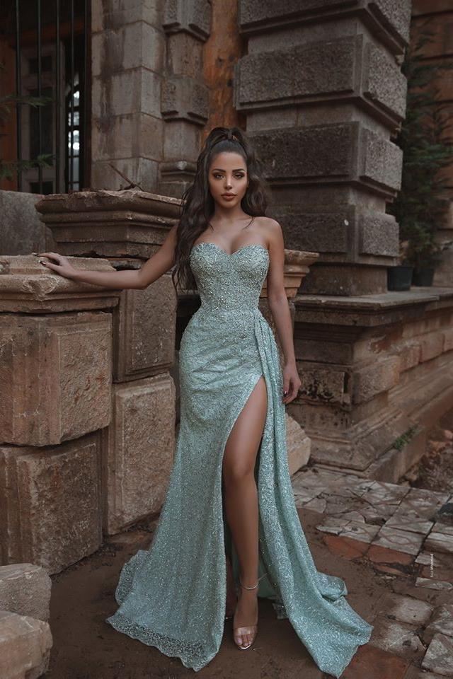 Beautiful Shining Crystal Sweetheart Sleeveless Prom Dresses With Split A-Line Evening Gowns