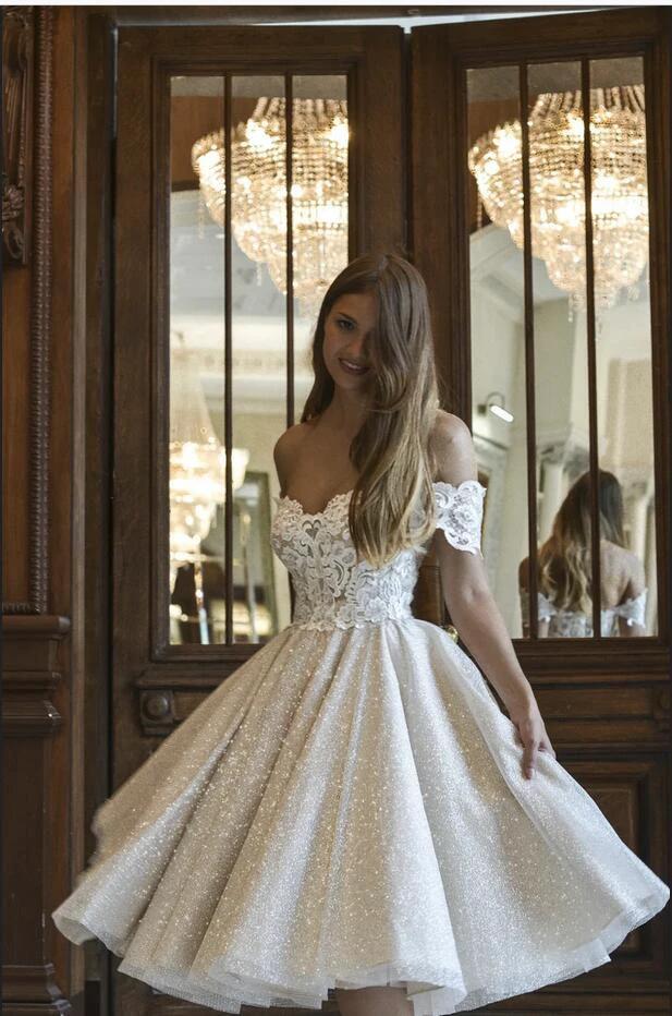 Beautiful Short A-line Glitter Off-the-Shoulder Lace Appliques Wedding Dress (ZD15173)