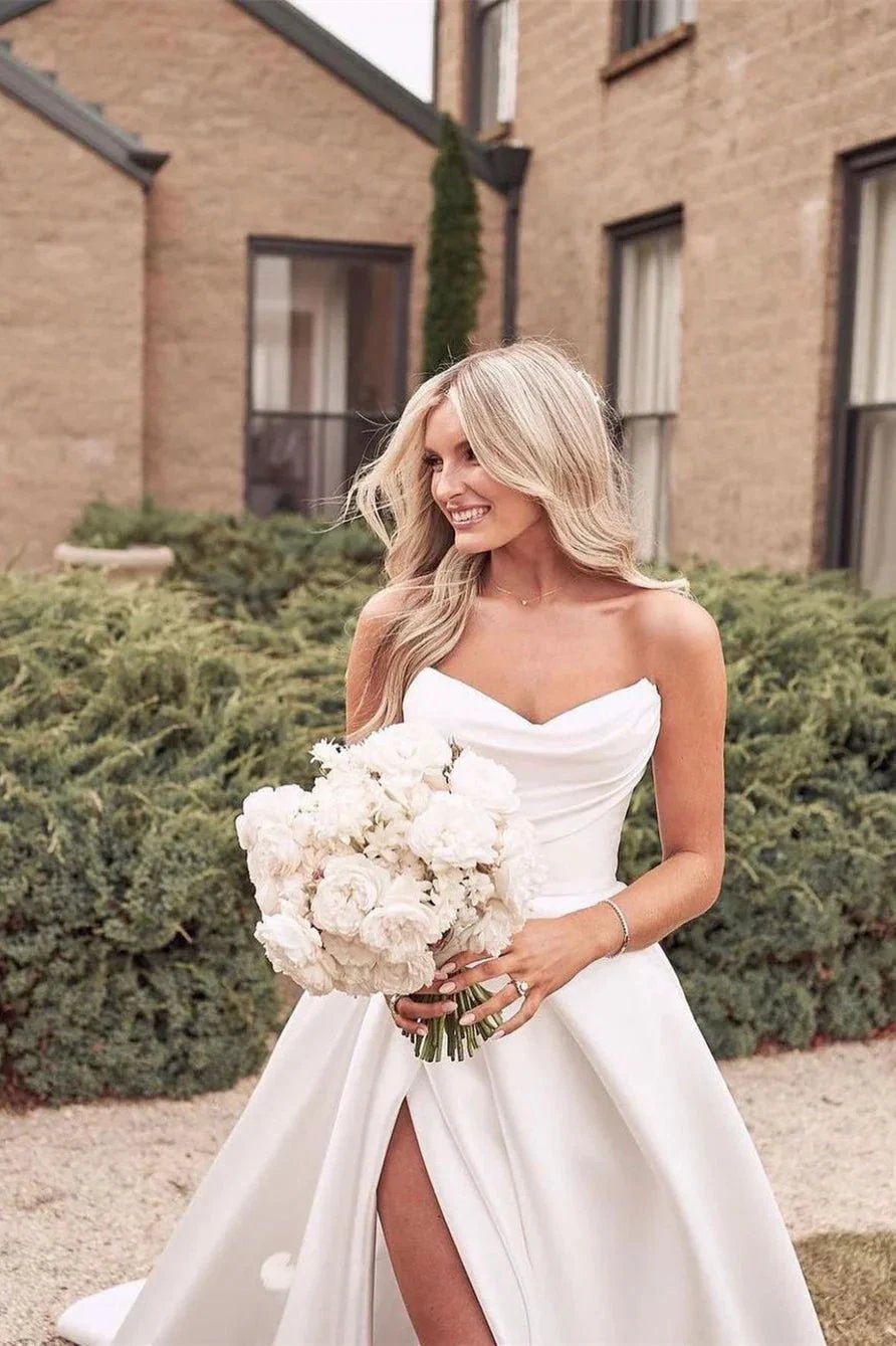 Beautiful Simple White A-line Wedding Dress With Side Slit (ZD16462)