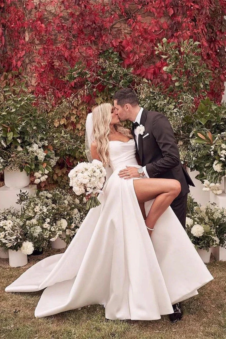 Beautiful Simple White A-line Wedding Dress With Side Slit (ZD16462)