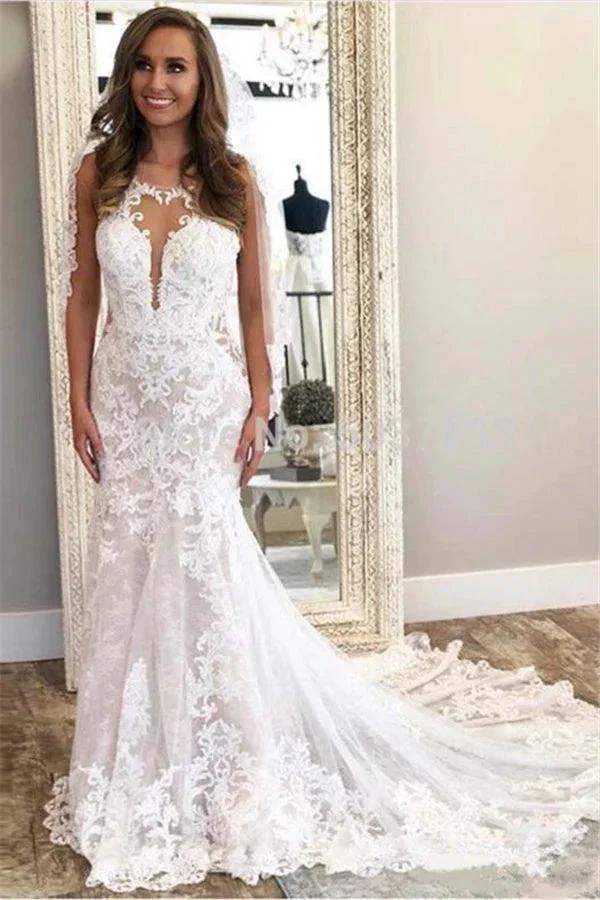 Beautiful Sleeveless Column Lace Wedding Dress On Sale (ZD13810)