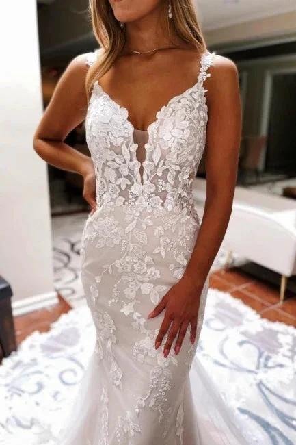 Beautiful Spaghetti Straps V-neck Blackless Lace Mermaid Wedding Dresses (ZD16548)