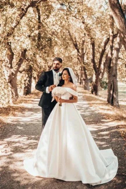 Beautiful White A-line Off-the-shoulder Satin Wedding Dress (ZD14623)