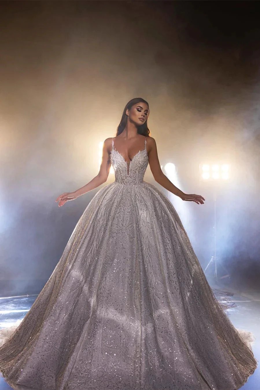 Beautiful White A-line Spaghetti Straps V-neck Wedding Dress With Lace (ZD14520)