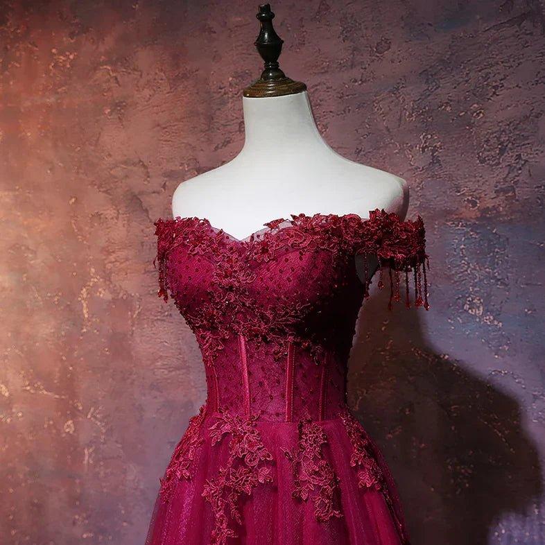 Beautiful Wine Red Tulle Sweetheart Long Prom Dress A-line Party Dress - View 5 | VelvetHem