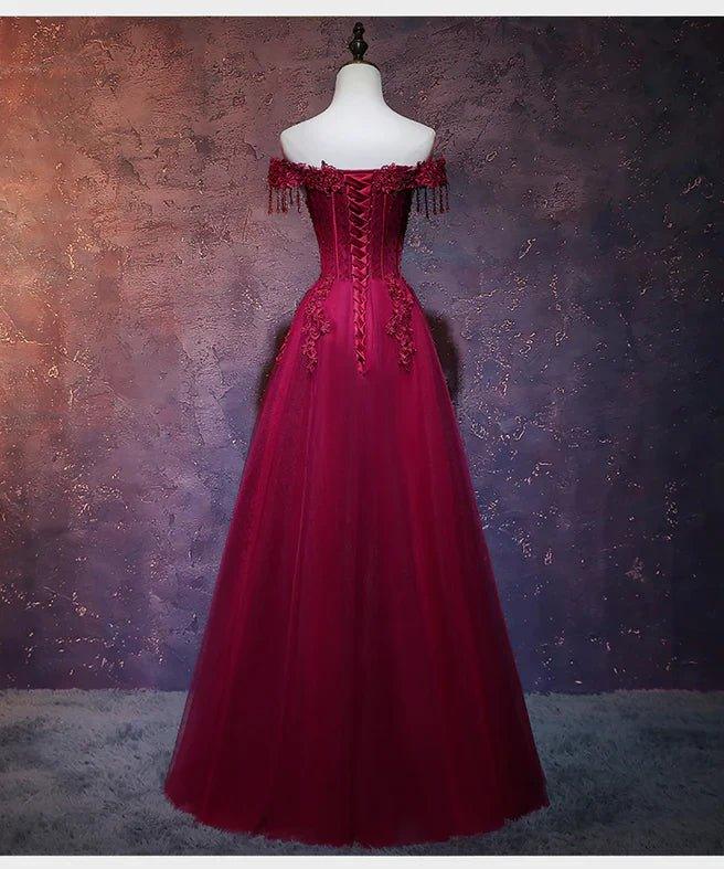 Beautiful Wine Red Tulle Sweetheart Long Prom Dress A-line Party Dress - View 4 | VelvetHem