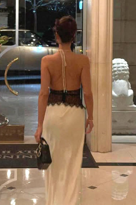 Deep V High-Waist Halter Backless Midi Silk Dress - View 4 | VelvetHem