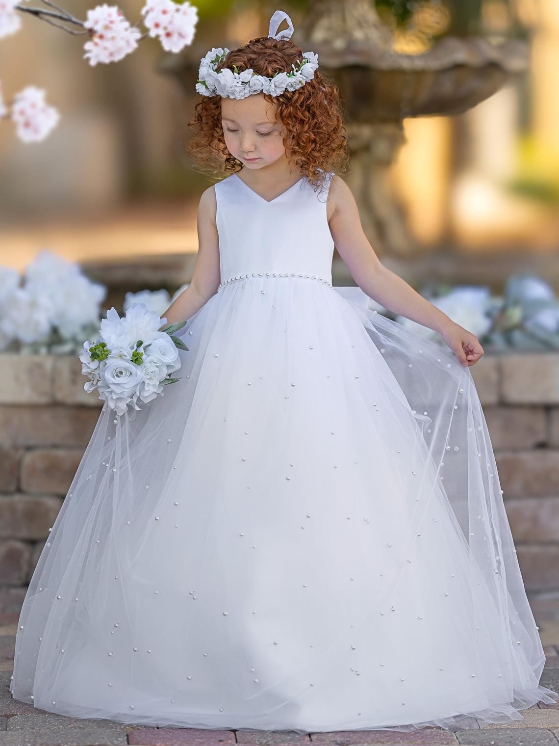 Elegant Princess Ball Gown Satin & Tulle Flower Girl Dress - VelvetHem