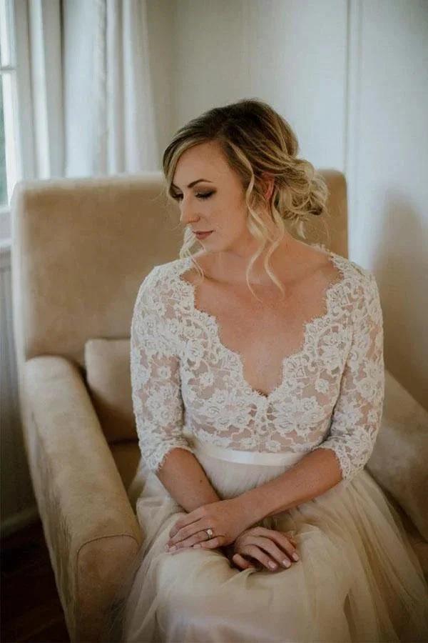 Belt Tulle V-neck Half Sleeves A-line Wedding Dress Bridal Gown (ZD16324)