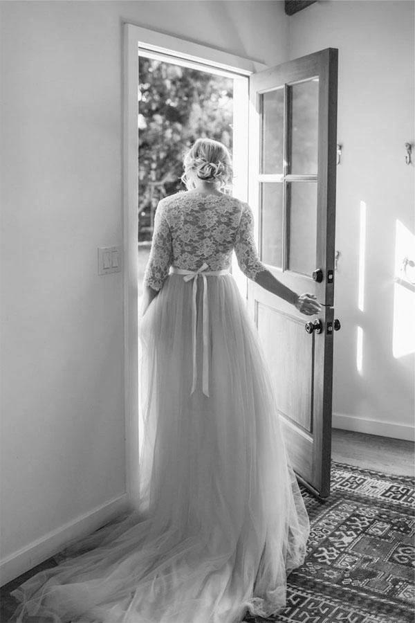 Belt Tulle V-neck Half Sleeves A-line Wedding Dress Bridal Gown (ZD16324)
