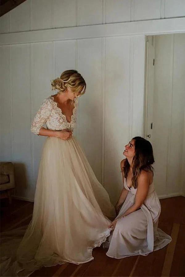 Belt Tulle V-neck Half Sleeves A-line Wedding Dress Bridal Gown WD401 by pgmdress