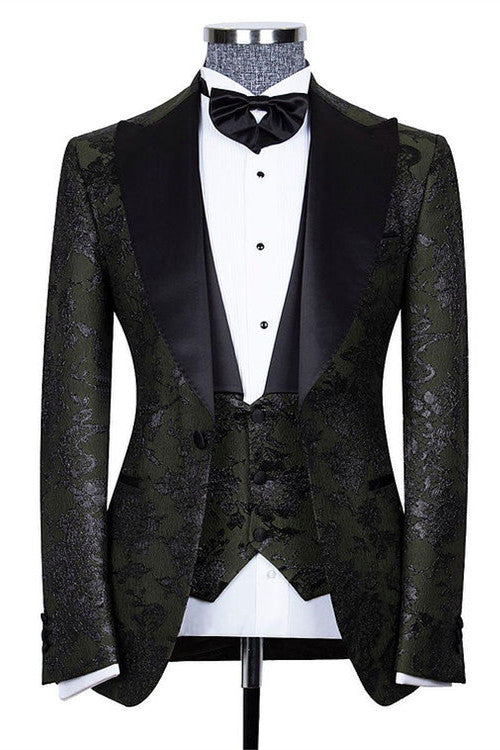Bespoke Black Three Pieces Jacquard Peaked Lapel Wedding Groom Suits