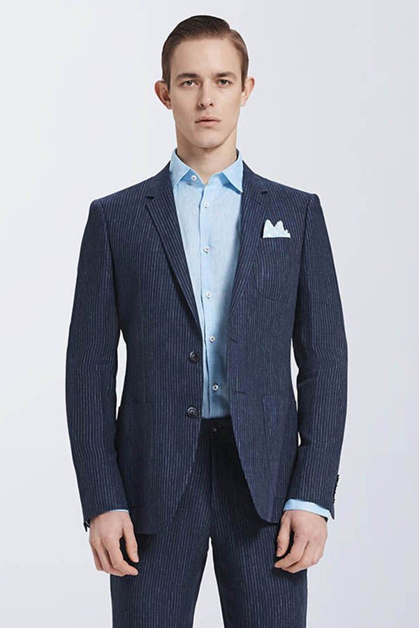 Bespoke Dark Navy Mens Casual Suits Stripes Patch Pockets Daily Men Suits
