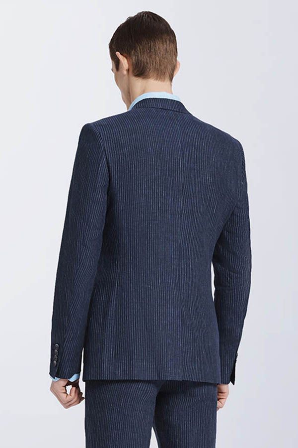 Bespoke Dark Navy Mens Casual Suits Stripes Patch Pockets Daily Men Suits