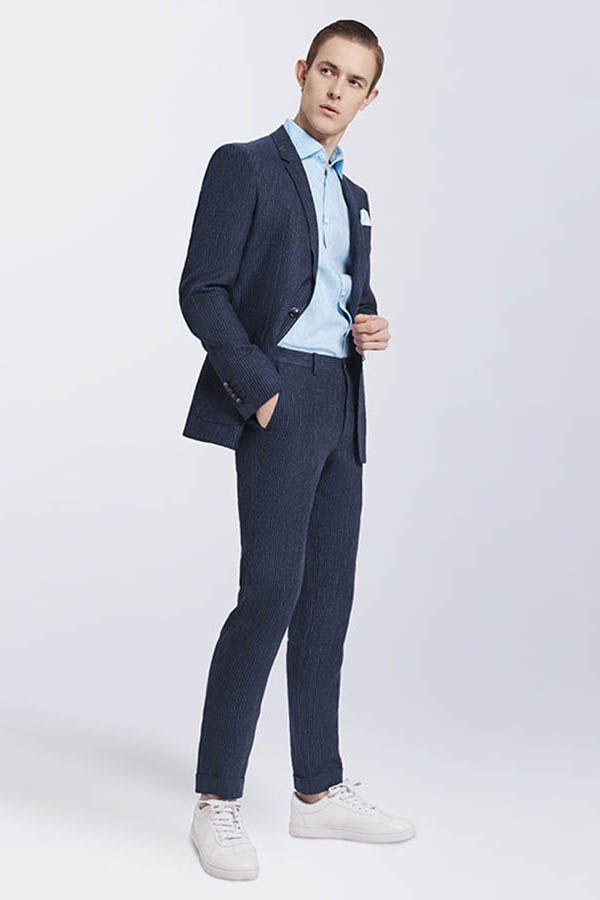 Bespoke Dark Navy Mens Casual Suits Stripes Patch Pockets Daily Men Suits