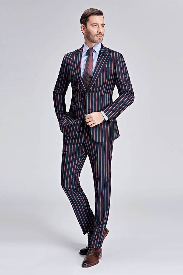 Bespoke Stripes Dark Navy Mens Suits Peak Lapel Three Flap Pockets Suits for Men